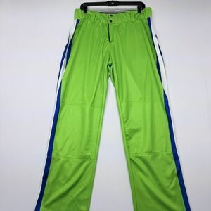 Lime Green Athletic Pants Blue White Side Stripe Snap Waist Straight Leg 32x31